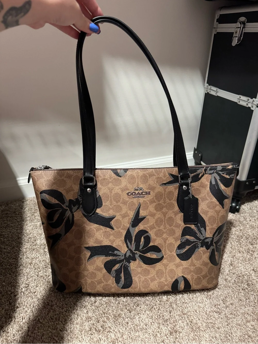 Coach Brown Signature Canvas Tote with Black Bow Print